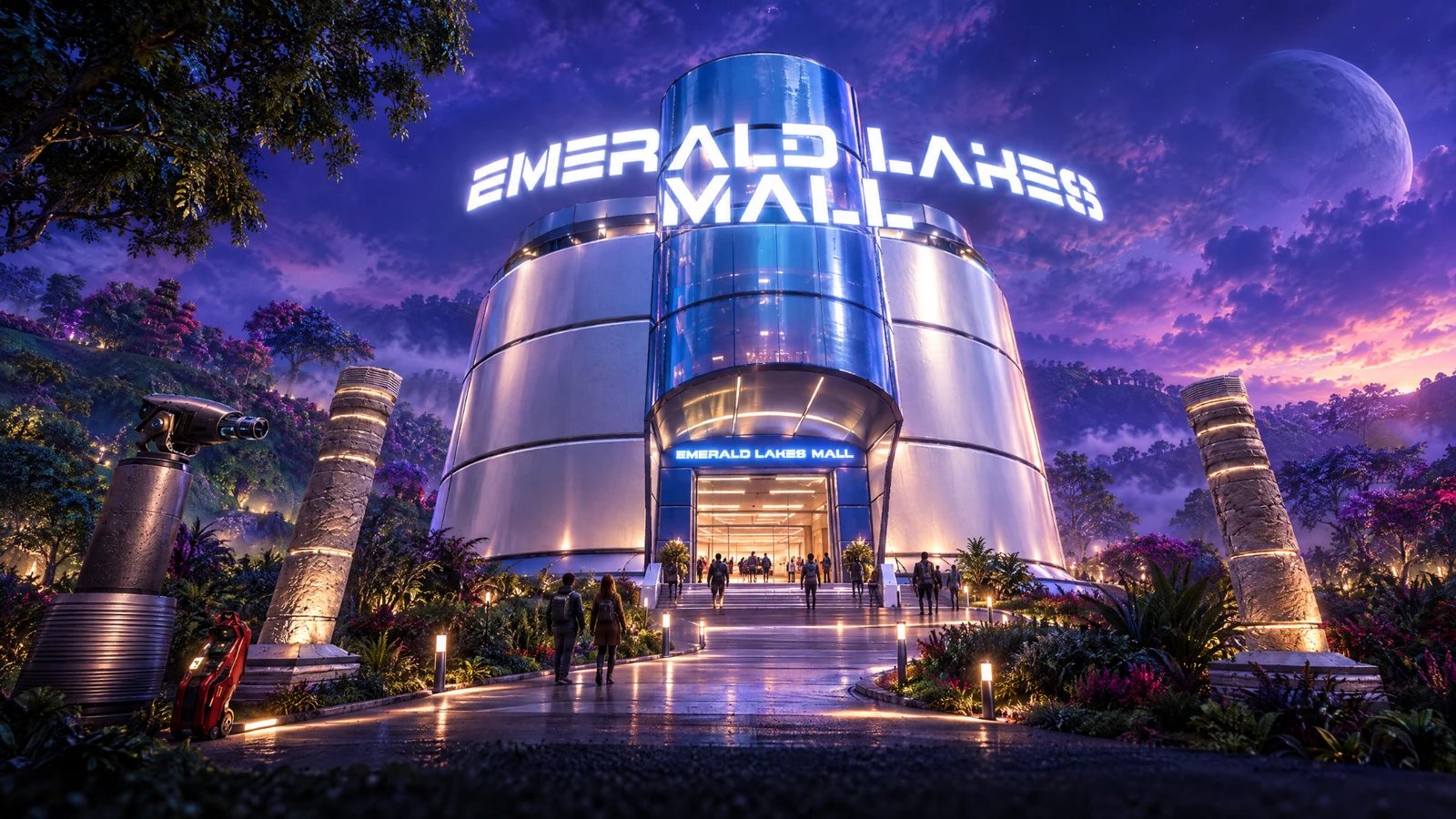 Cinematic illustration of Emerald Lakes Mall in Calypso